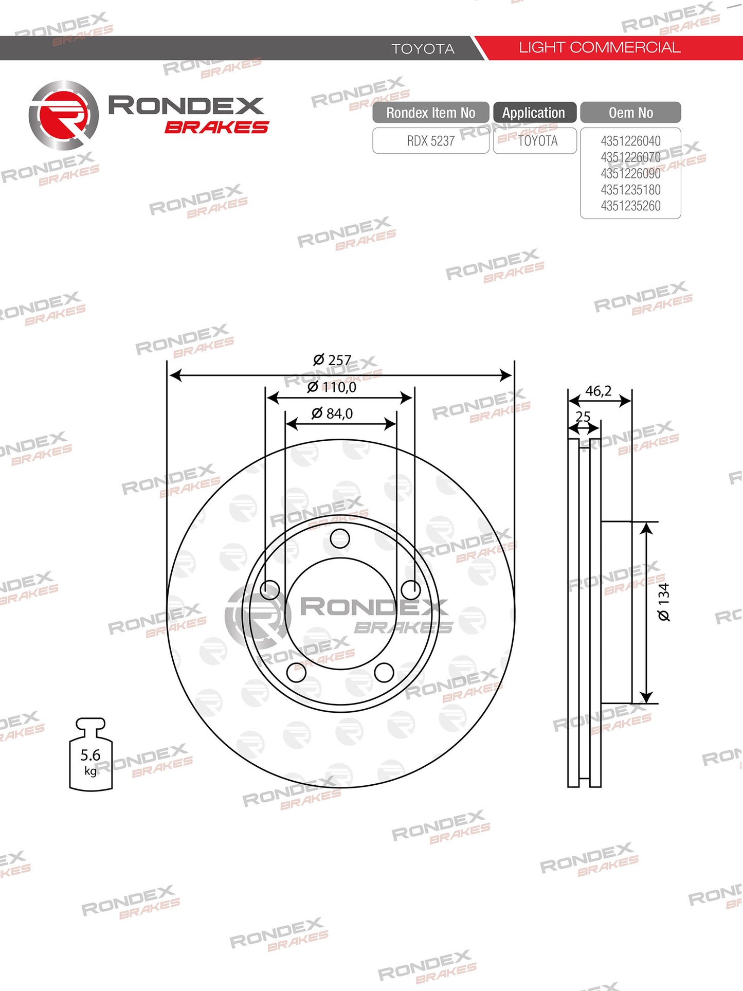TOYOTA HIACE (V1, V2, V3), HILUX (V4, V5) (FR) RDX 5237